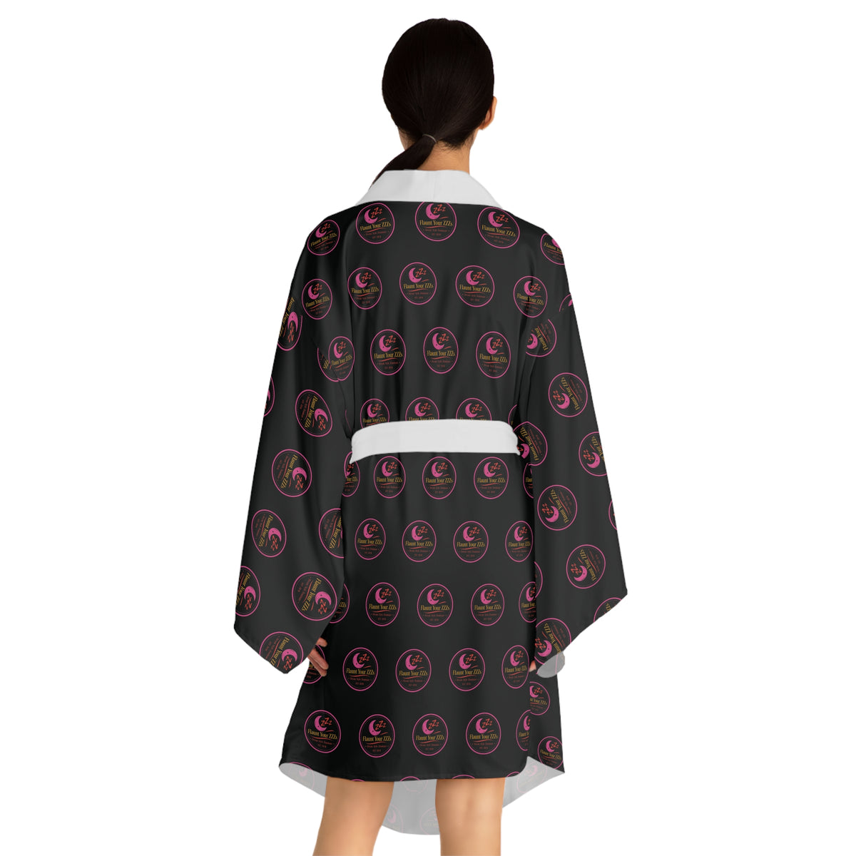 Black & Pink Logo Kimono Robe — Long Sleeve AOP Lounge Jacket