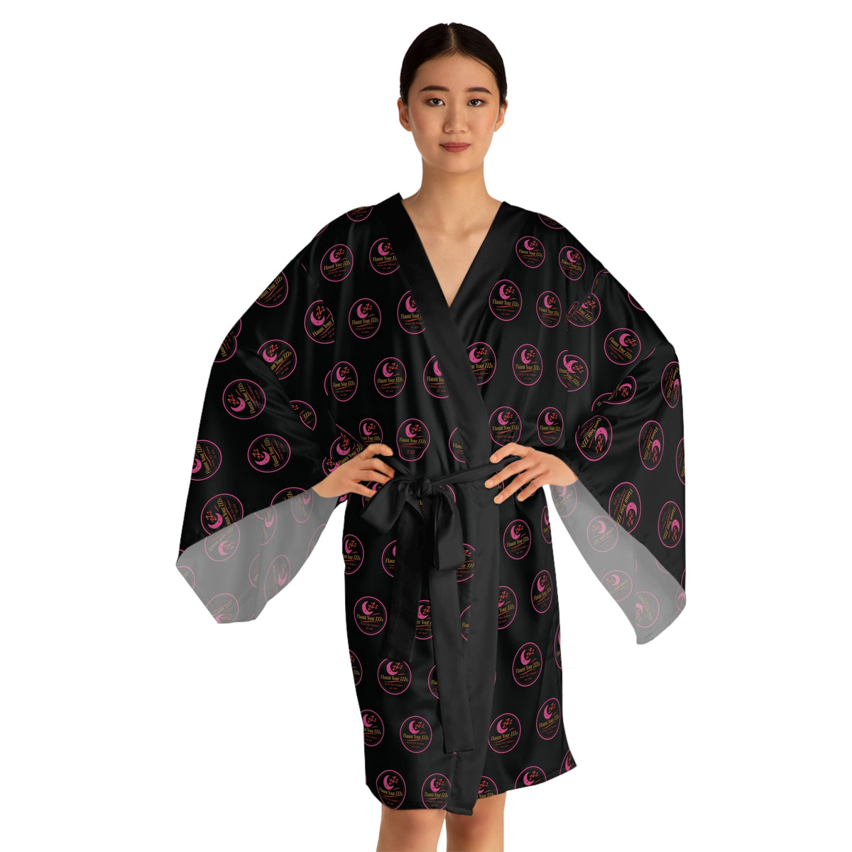 Black & Pink Logo Kimono Robe — Long Sleeve AOP Lounge Jacket