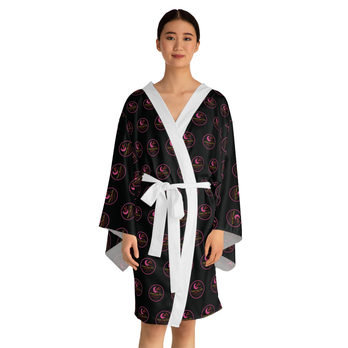 Black & Pink Logo Kimono Robe — Long Sleeve AOP Lounge Jacket