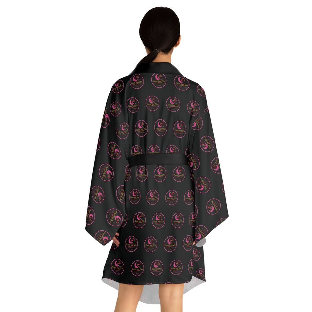 Black & Pink Logo Kimono Robe — Long Sleeve AOP Lounge Jacket