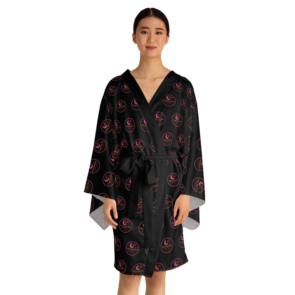 Black & Pink Logo Kimono Robe — Long Sleeve AOP Lounge Jacket