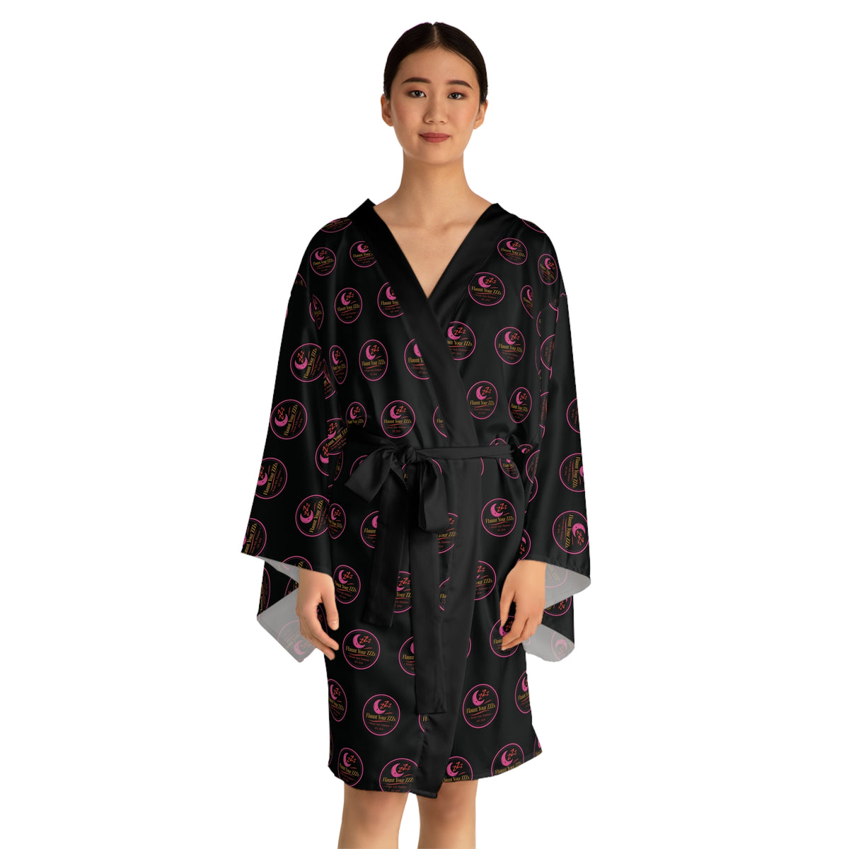 Black & Pink Logo Kimono Robe — Long Sleeve AOP Lounge Jacket