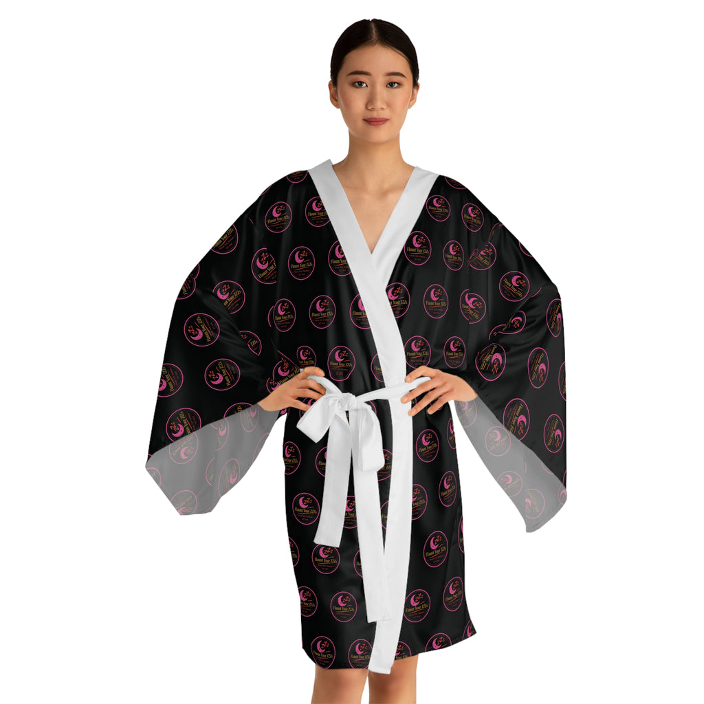 Black & Pink Logo Kimono Robe — Long Sleeve AOP Lounge Jacket