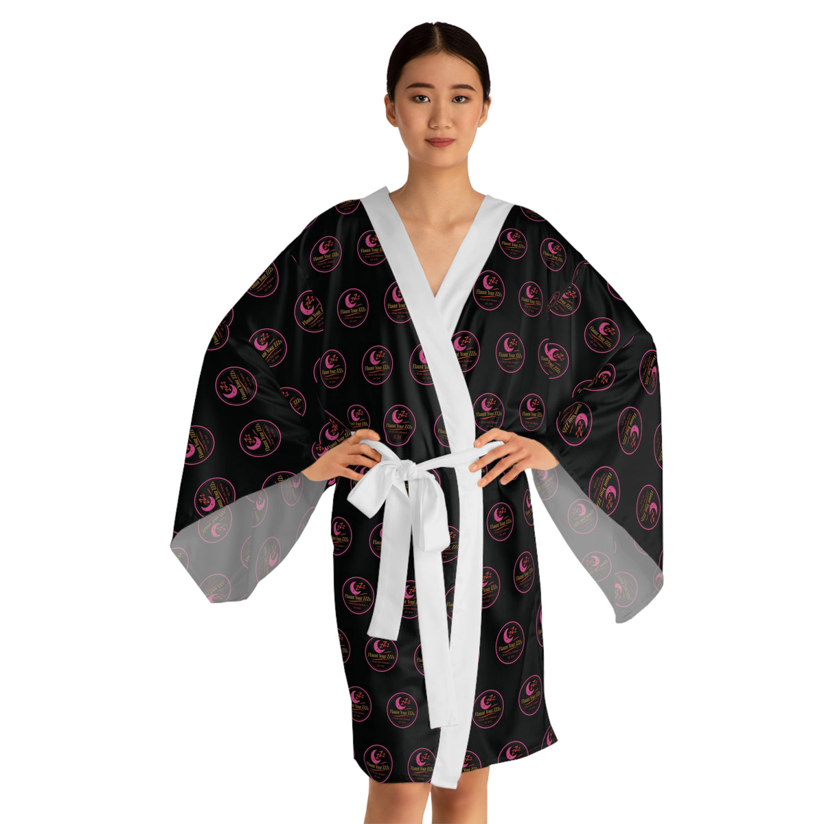 Black & Pink Logo Kimono Robe — Long Sleeve AOP Lounge Jacket