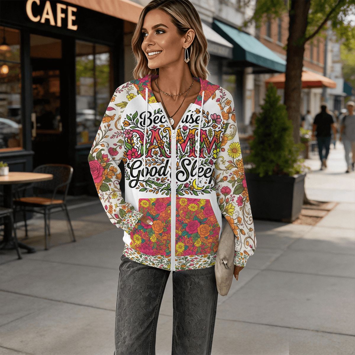 Because DAMM Good Sleep is Always in Style Women's Full Zip Waffle Knit Hoodie